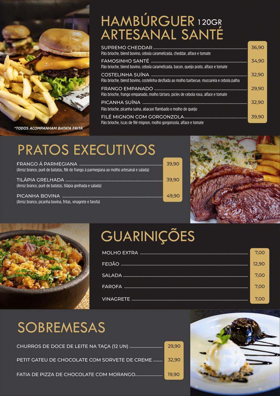 Hambúrgueres, pratos, guarnições e sobremesas